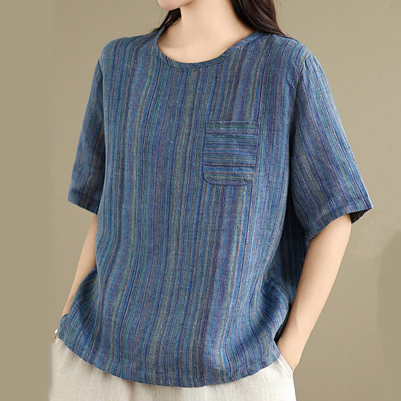 Buddha Stonesカジュアル レトロ ストライプ レディース 半袖 コットン リネン Tシャツ - image 2