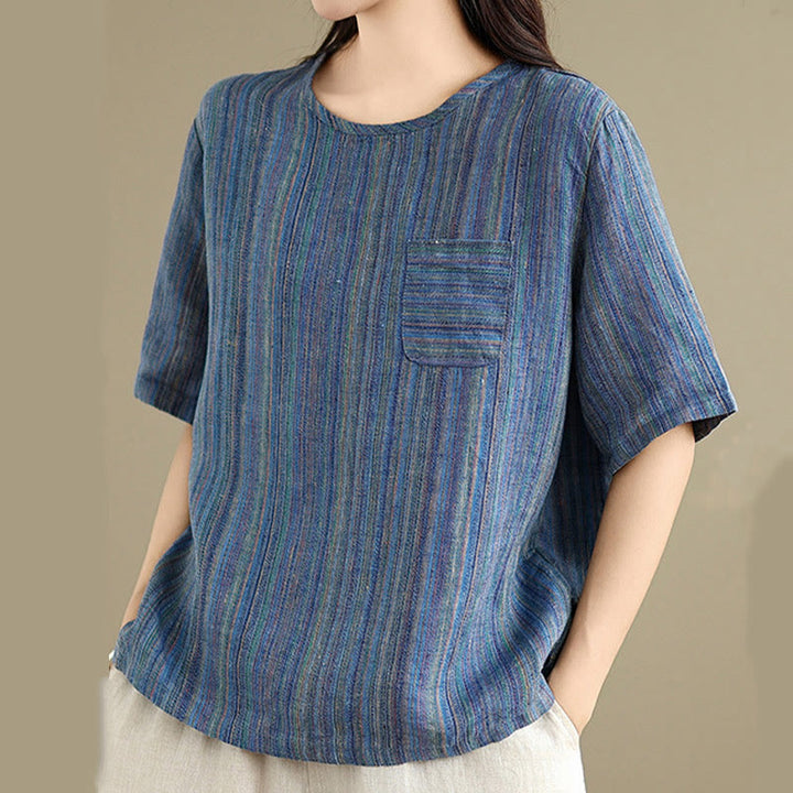 Buddha Stonesカジュアル レトロ ストライプ レディース 半袖 コットン リネン Tシャツ - image 2