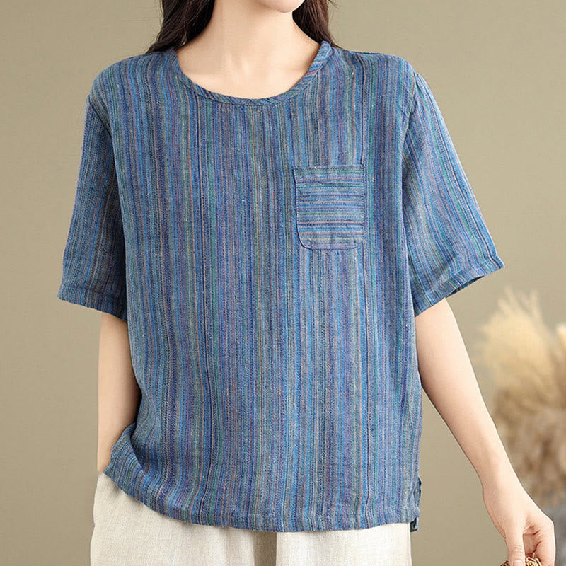 Buddha Stonesカジュアル レトロ ストライプ レディース 半袖 コットン リネン Tシャツ - image 9