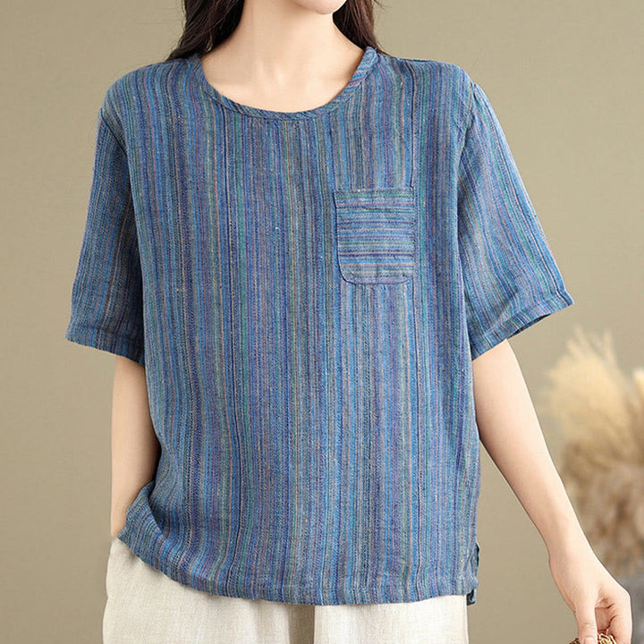 Buddha Stonesカジュアル レトロ ストライプ レディース 半袖 コットン リネン Tシャツ - image 9