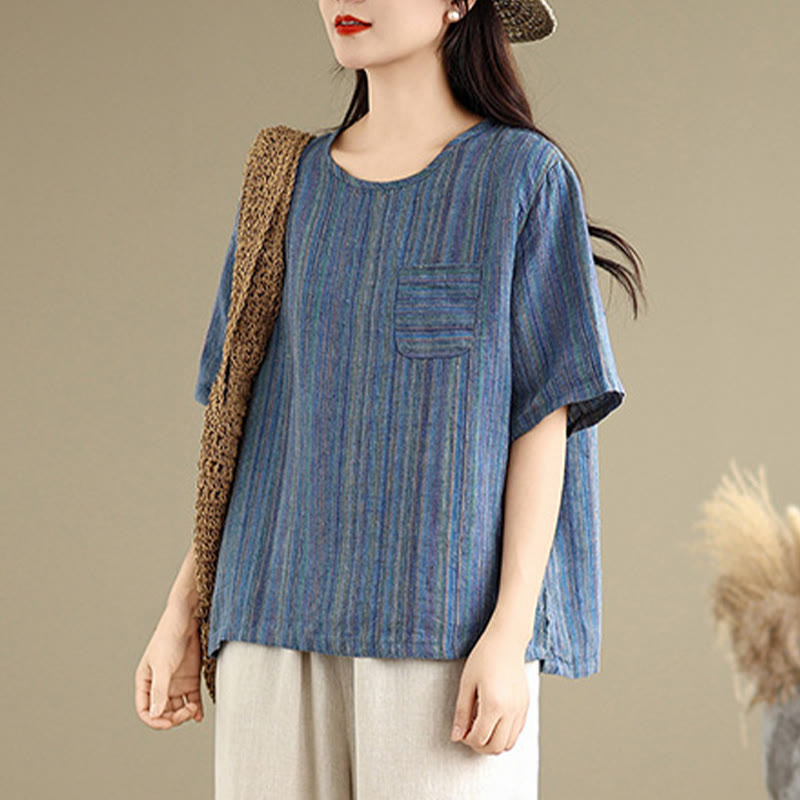 Buddha Stonesカジュアル レトロ ストライプ レディース 半袖 コットン リネン Tシャツ - image 5