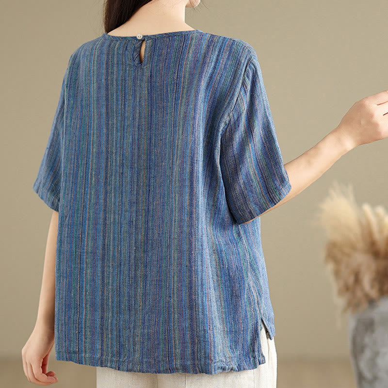 Buddha Stonesカジュアル レトロ ストライプ レディース 半袖 コットン リネン Tシャツ - image 10