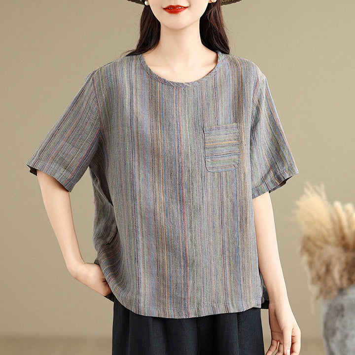 Buddha Stonesカジュアル レトロ ストライプ レディース 半袖 コットン リネン Tシャツ - image 12