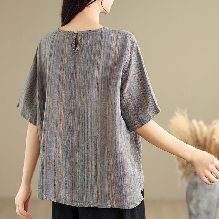 Buddha Stonesカジュアル レトロ ストライプ レディース 半袖 コットン リネン Tシャツ - image 14