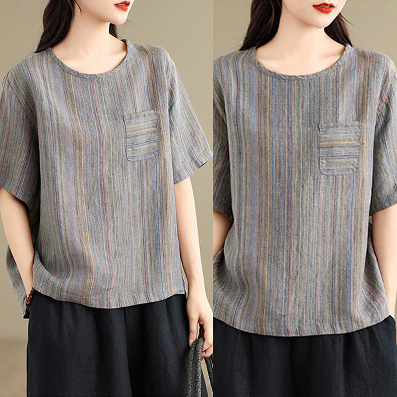 Buddha Stonesカジュアル レトロ ストライプ レディース 半袖 コットン リネン Tシャツ - image 15