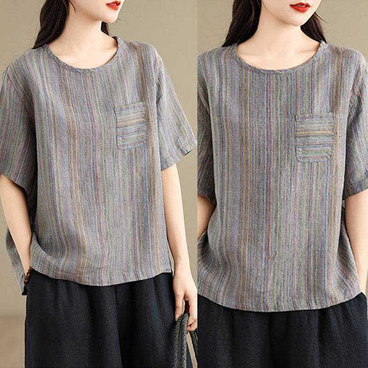 Buddha Stonesカジュアル レトロ ストライプ レディース 半袖 コットン リネン Tシャツ - image 15
