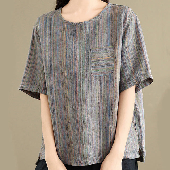 Buddha Stonesカジュアル レトロ ストライプ レディース 半袖 コットン リネン Tシャツ - スレートグレー - US12、 UK/AU16、 EU44 (2XL) - image 11
