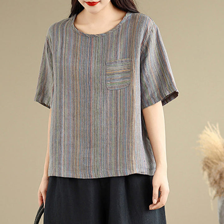 Buddha Stonesカジュアル レトロ ストライプ レディース 半袖 コットン リネン Tシャツ - image 13