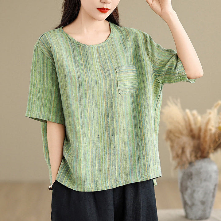 Buddha Stonesカジュアル レトロ ストライプ レディース 半袖 コットン リネン Tシャツ - ダークシーグリーン - US12、 UK/AU16、 EU44 (2XL) - image 16