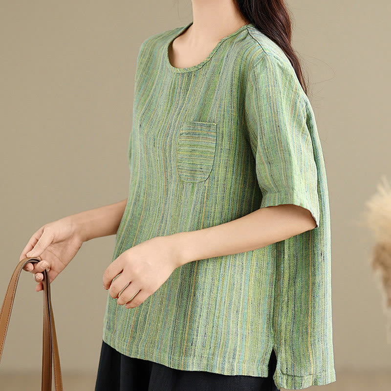 Buddha Stonesカジュアル レトロ ストライプ レディース 半袖 コットン リネン Tシャツ - image 20