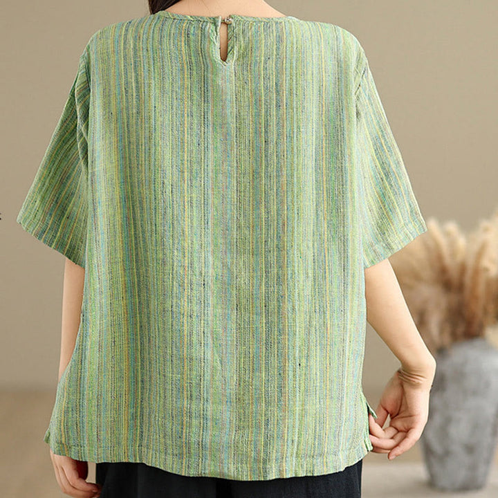 Buddha Stonesカジュアル レトロ ストライプ レディース 半袖 コットン リネン Tシャツ - image 21