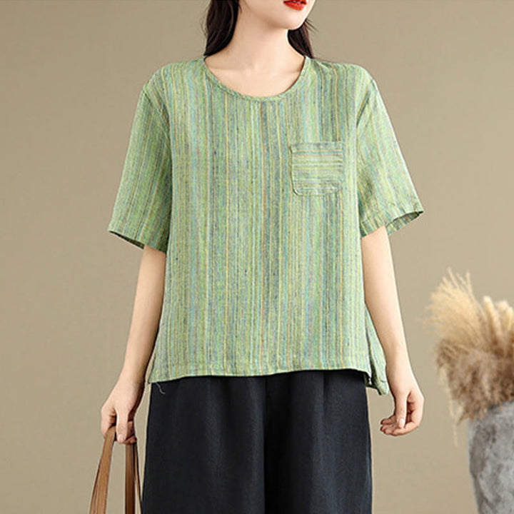 Buddha Stonesカジュアル レトロ ストライプ レディース 半袖 コットン リネン Tシャツ - image 18