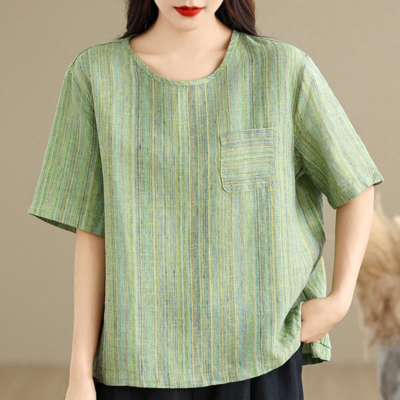 Buddha Stonesカジュアル レトロ ストライプ レディース 半袖 コットン リネン Tシャツ - image 19