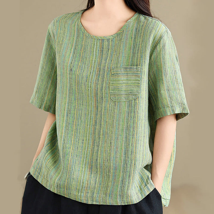 Buddha Stonesカジュアル レトロ ストライプ レディース 半袖 コットン リネン Tシャツ - image 17