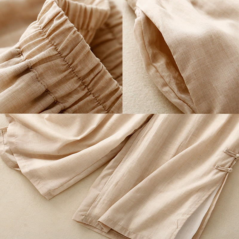 Buddha Stonesフロッグボタン裾スリットデザイン レディース ワイドレッグ コットンリネン パンツ ポケット付き - image 7