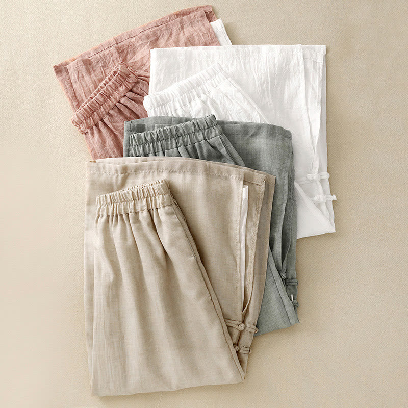 Buddha Stonesフロッグボタン裾スリットデザイン レディース ワイドレッグ コットンリネン パンツ ポケット付き - image 20