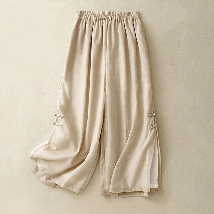 Buddha Stonesフロッグボタン裾スリットデザイン レディース ワイドレッグ コットンリネン パンツ ポケット付き - ベージュ - US8-10，UK/AU12-14，EU40-42 (2XL) - image 1