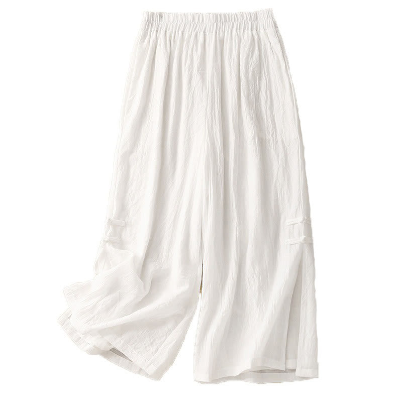 Buddha Stonesフロッグボタン裾スリットデザイン レディース ワイドレッグ コットンリネン パンツ ポケット付き - image 13