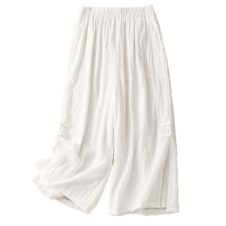 Buddha Stonesフロッグボタン裾スリットデザイン レディース ワイドレッグ コットンリネン パンツ ポケット付き - image 13