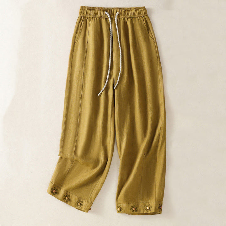 Buddha Stonesカジュアル 刺繍ビーズ ドローストリング レディース ワイドレッグ コットンパンツ ポケット付き - image 8
