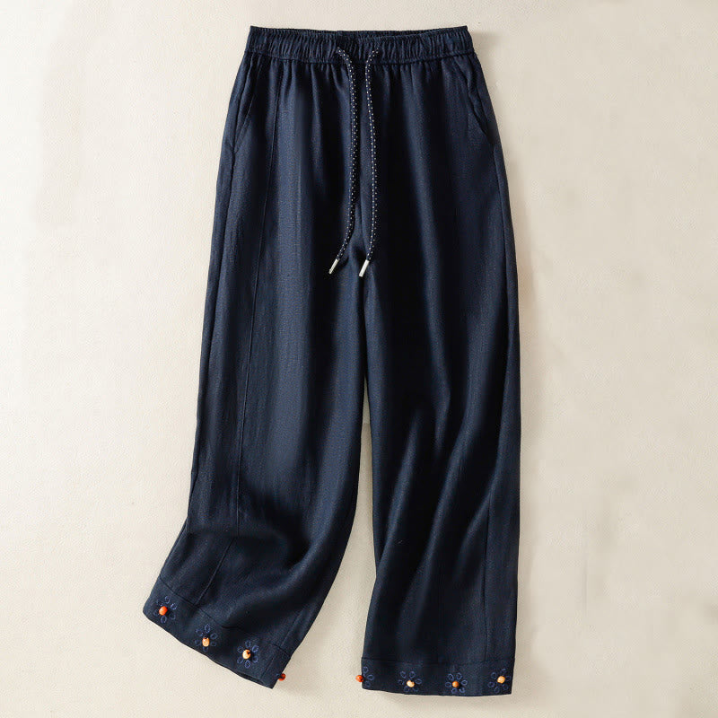 Buddha Stonesカジュアル 刺繍ビーズ ドローストリング レディース ワイドレッグ コットンパンツ ポケット付き - ミッドナイトブルー - US8-10，UK/AU12-14，EU40-42 (2XL) - image 1