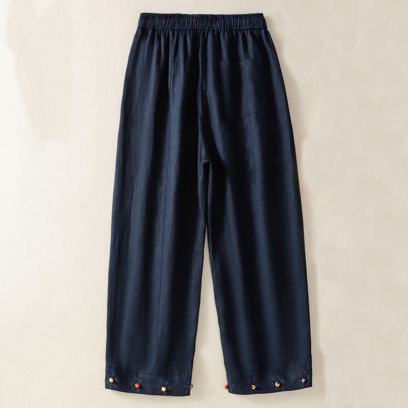 Buddha Stonesカジュアル 刺繍ビーズ ドローストリング レディース ワイドレッグ コットンパンツ ポケット付き - image 1