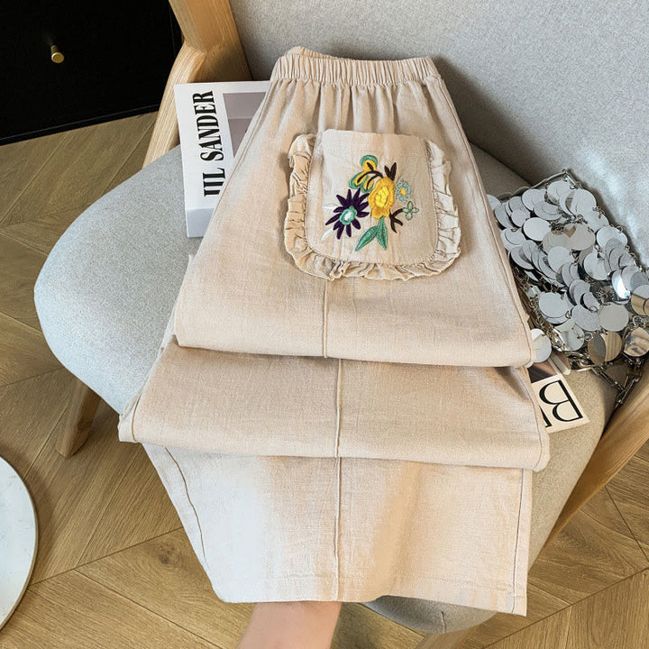 Buddha Stonesカジュアル ベージュ 刺繍 レディース ワイドレッグ コットンリネン パンツ ポケット付き - image 4