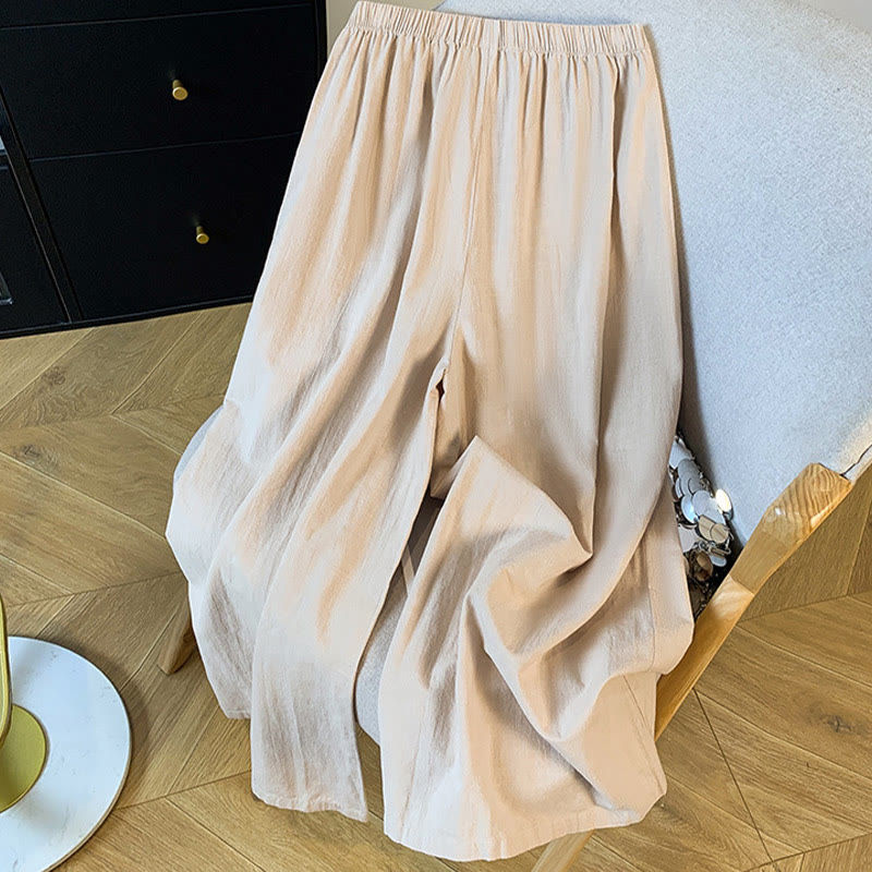 Buddha Stonesカジュアル ベージュ 刺繍 レディース ワイドレッグ コットンリネン パンツ ポケット付き - image 1