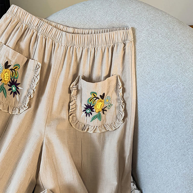 Buddha Stonesカジュアル ベージュ 刺繍 レディース ワイドレッグ コットンリネン パンツ ポケット付き - image 6