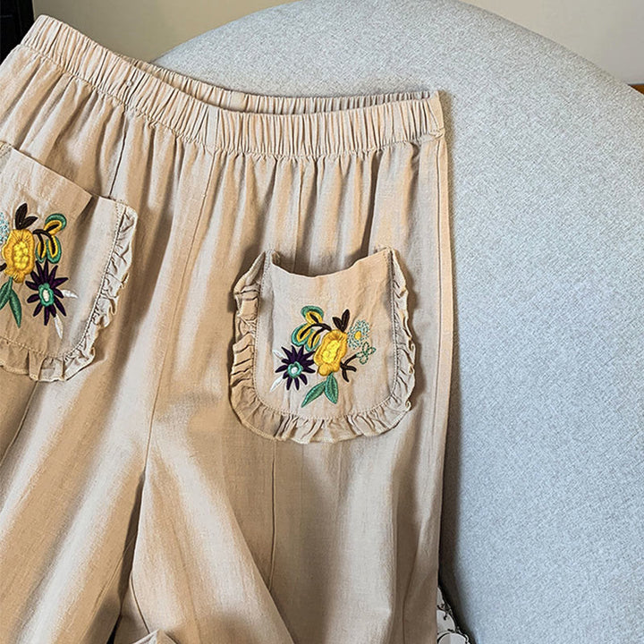 Buddha Stonesカジュアル ベージュ 刺繍 レディース ワイドレッグ コットンリネン パンツ ポケット付き - image 6