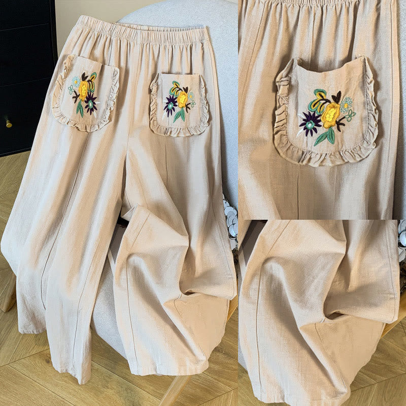 Buddha Stonesカジュアル ベージュ 刺繍 レディース ワイドレッグ コットンリネン パンツ ポケット付き - image 9