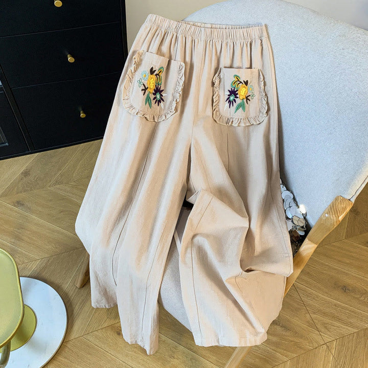 Buddha Stonesカジュアル ベージュ 刺繍 レディース ワイドレッグ コットンリネン パンツ ポケット付き - ベージュ - US8-10，UK/AU12-14，EU40-42 (2XL) - image 1
