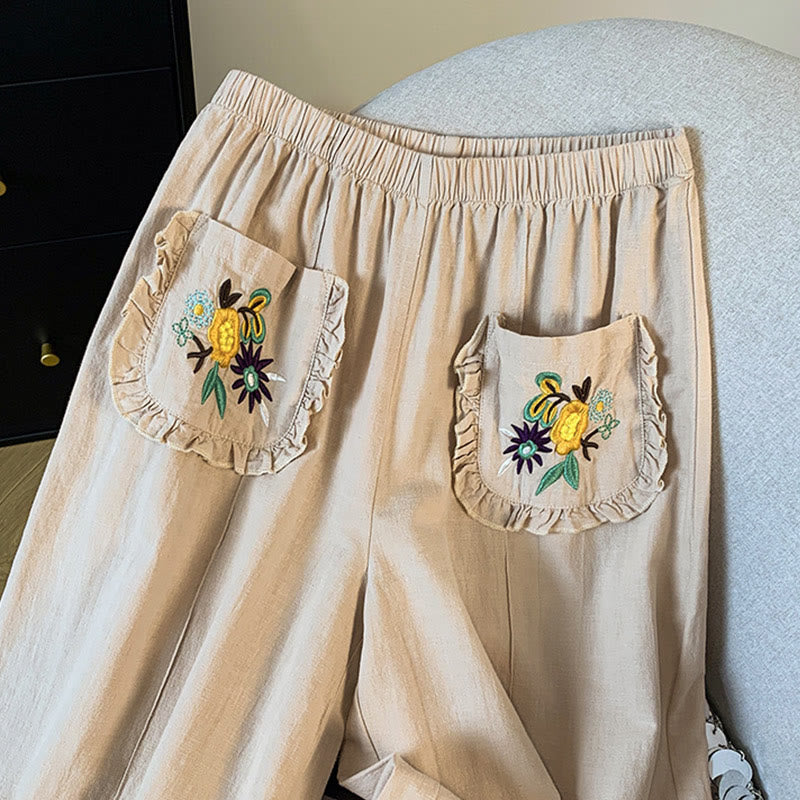 Buddha Stonesカジュアル ベージュ 刺繍 レディース ワイドレッグ コットンリネン パンツ ポケット付き - image 5
