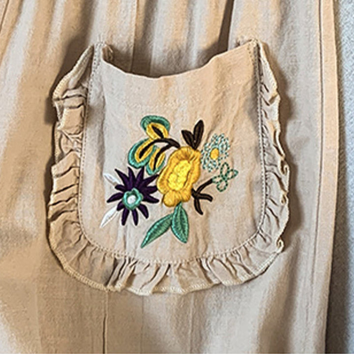 Buddha Stonesカジュアル ベージュ 刺繍 レディース ワイドレッグ コットンリネン パンツ ポケット付き - image 9