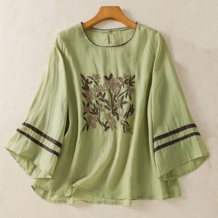 Buddha Stonesレトロ刺繍花柄七分袖レディースコットンTシャツ - ライトグリーン - US14、 UK/AU18、 EU46 (2XL) - image 16
