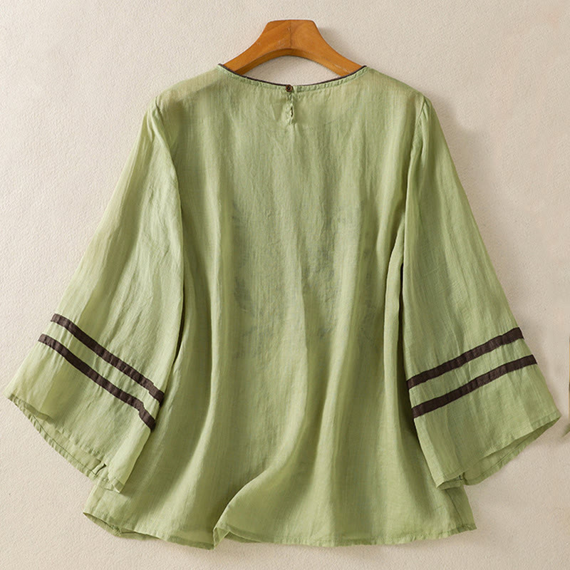 Buddha Stonesレトロ刺繍花柄七分袖レディースコットンTシャツ - image 17