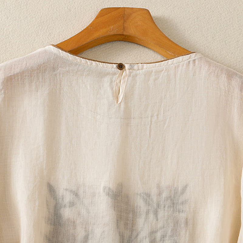 Buddha Stonesレトロ刺繍花柄七分袖レディースコットンTシャツ - image 4