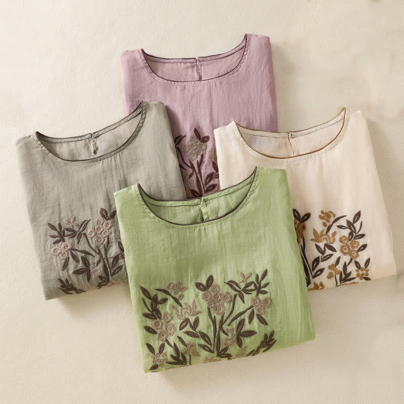 Buddha Stonesレトロ刺繍 花柄 七分袖 レディース コットンTシャツ - image 32