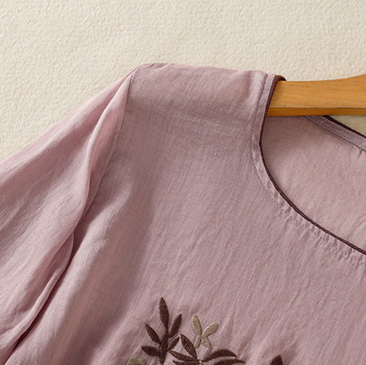 Buddha Stonesレトロ刺繍花柄七分袖レディースコットンTシャツ - image 26