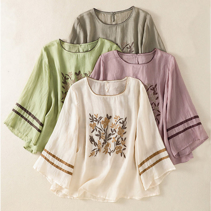 Buddha Stonesレトロ刺繍花柄七分袖レディースコットンTシャツ - image 31
