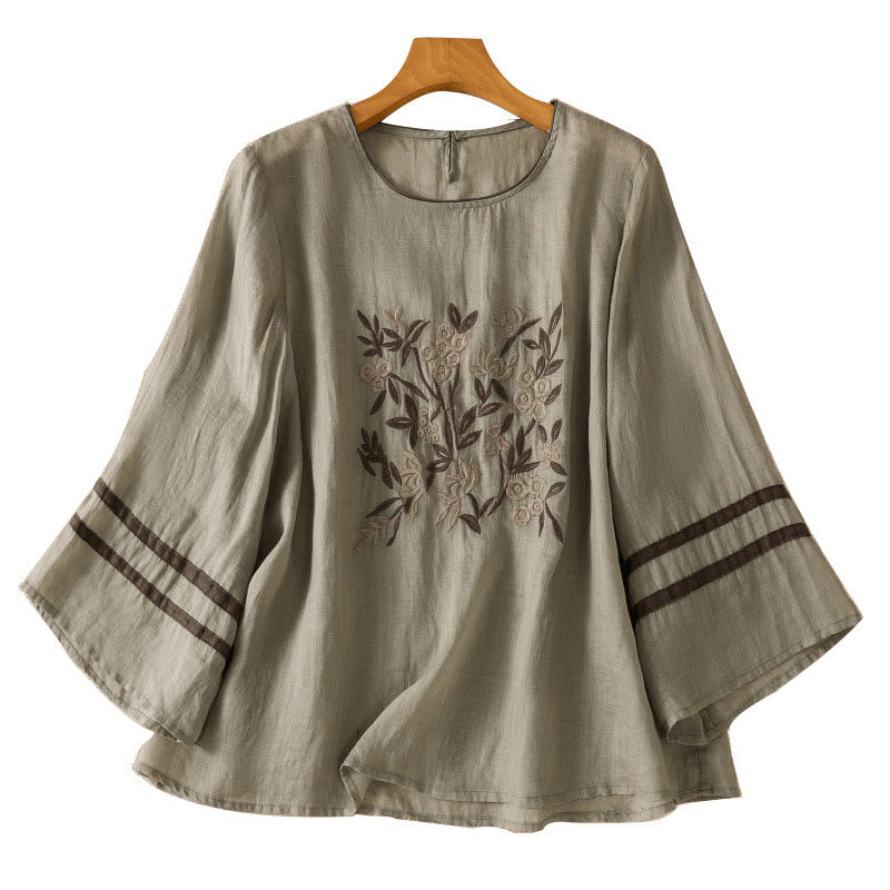 Buddha Stonesレトロ刺繍花柄七分袖レディースコットンTシャツ - image 15