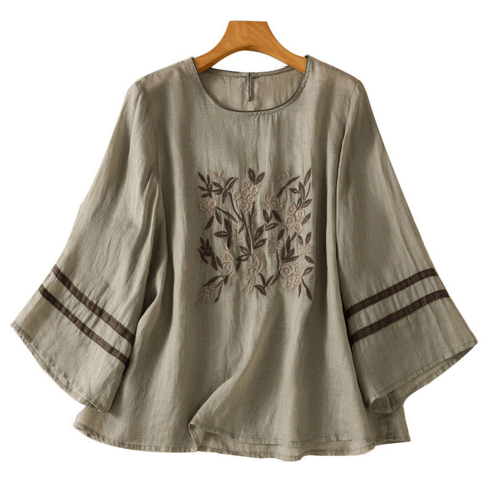 Buddha Stonesレトロ刺繍花柄七分袖レディースコットンTシャツ - image 15