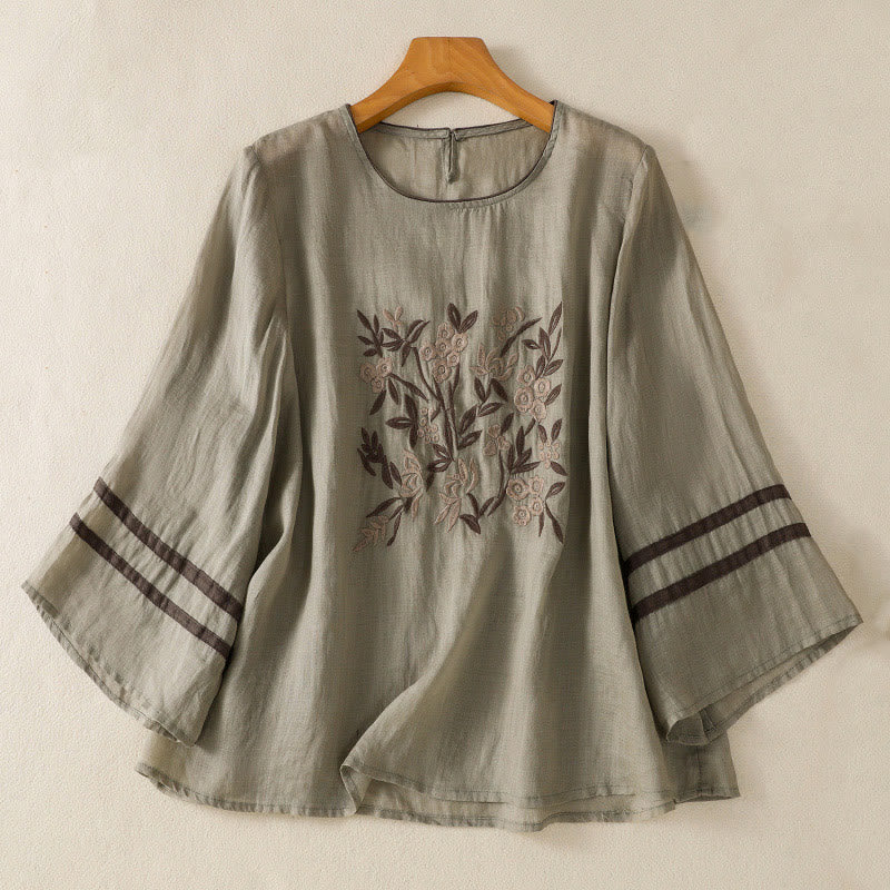 Buddha Stonesレトロ刺繍花柄七分袖レディースコットンTシャツ - ダークシーグリーン - US14、 UK/AU18、 EU46 (2XL) - image 8