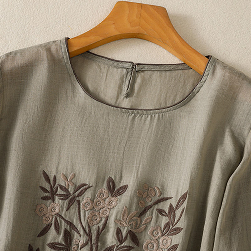Buddha Stonesレトロ刺繍花柄七分袖レディースコットンTシャツ - image 10
