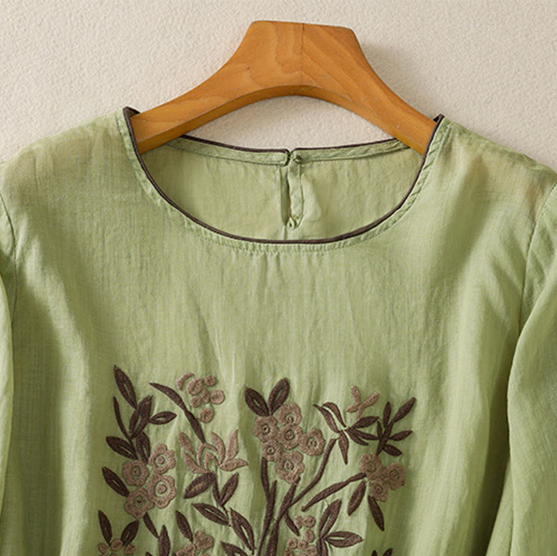 Buddha Stonesレトロ刺繍花柄七分袖レディースコットンTシャツ - image 18