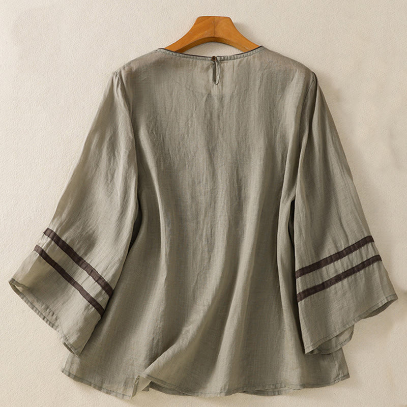 Buddha Stonesレトロ刺繍花柄七分袖レディースコットンTシャツ - image 9