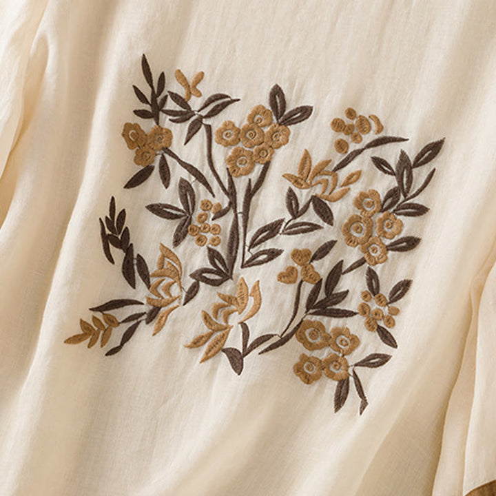 Buddha Stonesレトロ刺繍花柄七分袖レディースコットンTシャツ - image 5