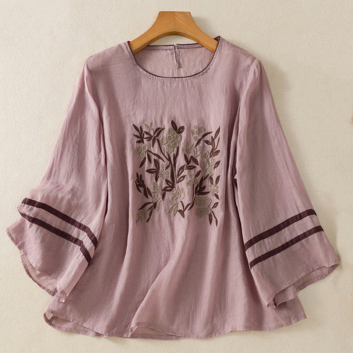 Buddha Stonesレトロ刺繍 花柄 七分袖 レディース コットンTシャツ - ロージーブラウン - US14、 UK/AU18、 EU46 (2XL) - image 24