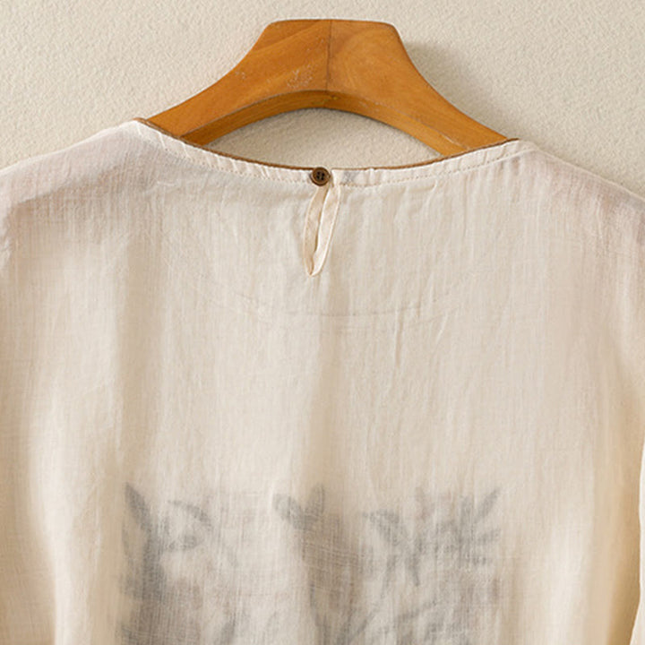 Buddha Stonesレトロ刺繍花柄七分袖レディースコットンTシャツ - image 4