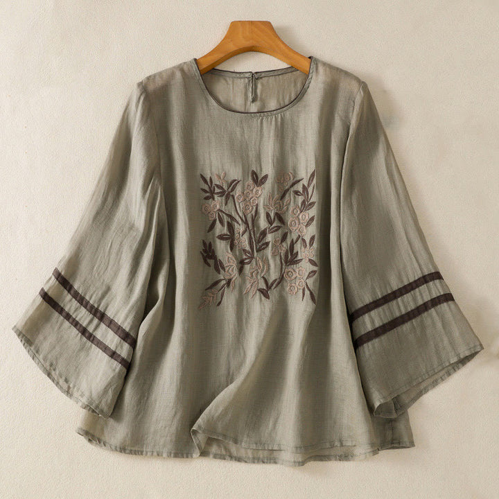 Buddha Stonesレトロ刺繍 花柄 七分袖 レディース コットンTシャツ - ダークシーグリーン - US14、 UK/AU18、 EU46 (2XL) - image 9